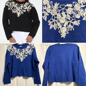 NWT! Rain + Rose Floral Appliqué Sweater in ROYAL BLUE, SMALL